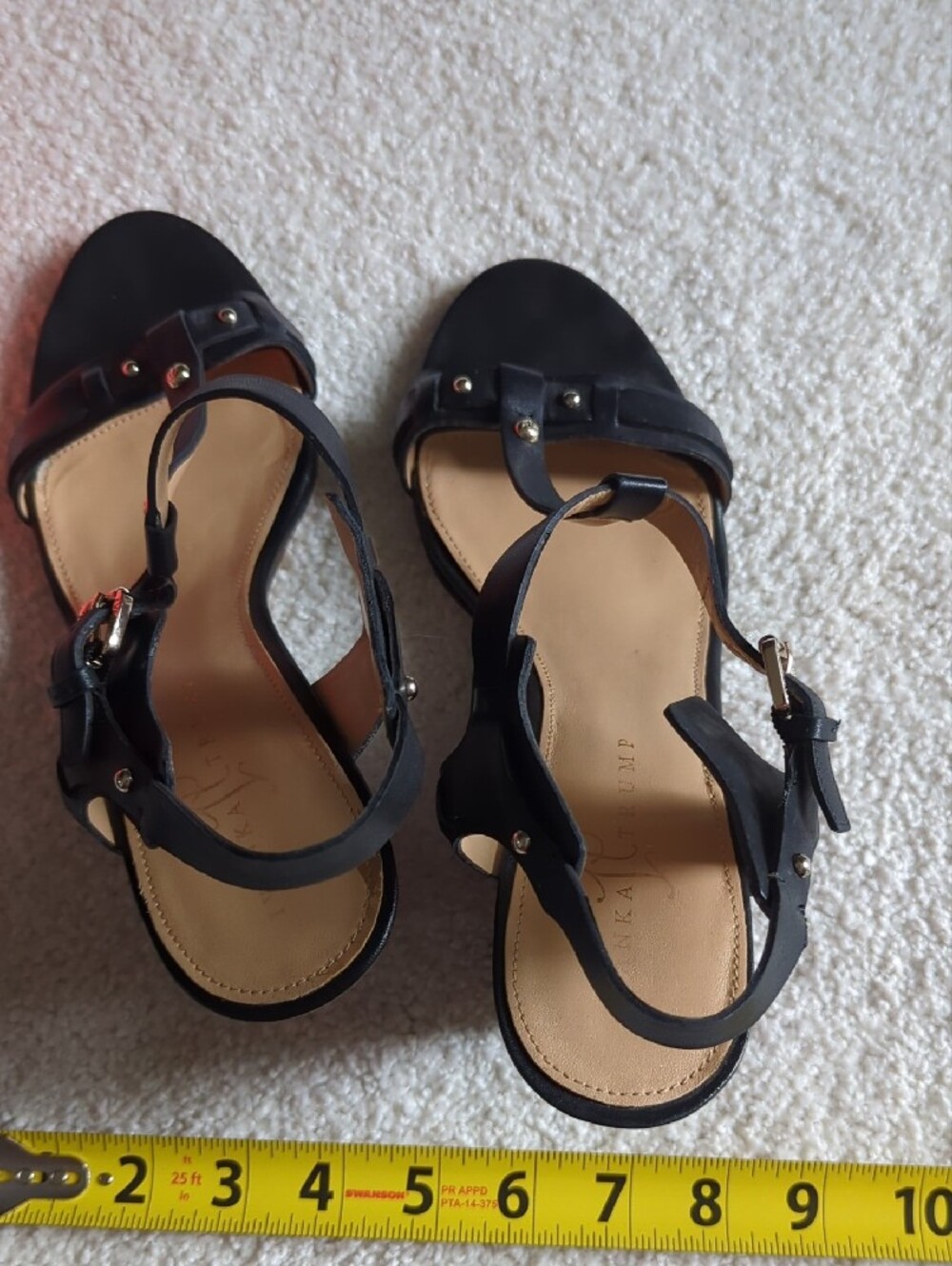 Ivanka Trump Black Leather T-Strap Wedge Sandals with Brown Woodgrain Heel - Picture 7 of 16